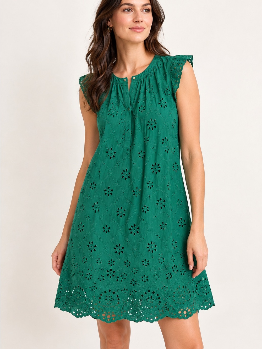 LOFT Emerald Eyelet Dress embroidered flowers cotton